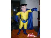 Yellow And Blue Superhero Human Canadian SpotSound Mascot With Blue Cape