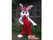 Roger Rabbit Cartoon Canadian SpotSound Mascot With Red Overalls And Cap