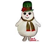 Cute Girl Snowman Plush Canadian SpotSound Mascot Dressed In A Green Hat And A Scarf