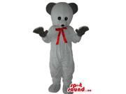 Cute White Teddy Bear Plush Canadian SpotSound Mascot With Black Ears And Red Ribbon