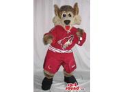 Wolf Plush Canadian SpotSound Mascot Dressed In Red Sports Gear With A Logo