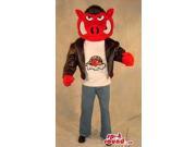 Red Angry Hog Plush Canadian SpotSound Mascot Dressed In A Leather Jacket With A Logo