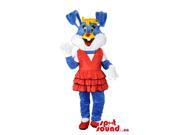 Customised Blue And White Rabbit Canadian SpotSound Mascot Dressed In A Red Dress