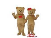 Boy And Girl Brown Teddy Bear Couple Canadian SpotSound Mascots With Red Ribbons
