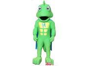 Cartoon Green Dragon Plush Canadian SpotSound Mascot With A Blue Cape And A Letter