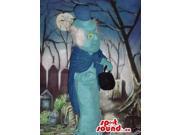 Blue Ghost Halloween Canadian SpotSound Mascot With Blue Top Hat And Cape