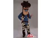 Angry Cowboy Character Canadian SpotSound Mascot With Blue And Beige Gear