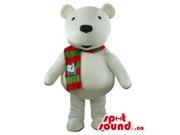 White Bear Plush Canadian SpotSound Mascot Dressed In A Red And Green Scarf With Logo