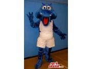 Blue Dinosaur Canadian SpotSound Mascot Dressed In White Sports Gear