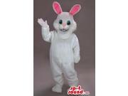 Cute White And Pink Rabbit Canadian SpotSound Mascot With Pink Ears And Peculiar Teeth