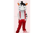 Customised Peculiar Cow Canadian SpotSound Mascot Dressed In Red Overalls