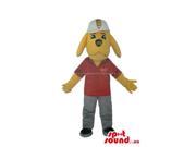 Customised Yellow Dog Canadian SpotSound Mascot Dressed In A Red Shirt And A Cap