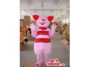 Pig Character Canadian SpotSound Mascot With Red Stripes And Large Belly