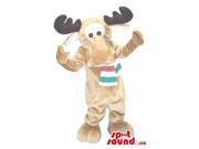 All Brown Reindeer Plush Canadian SpotSound Mascot Dressed In A Striped Scarf