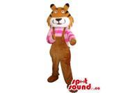 Cute Brown Tiger Plush Canadian SpotSound Mascot Dressed In Overalls And Striped Shirt