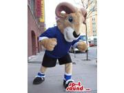 Brown Goat Plush Canadian SpotSound Mascot Dressed In A Blue Customised Top And Sports Shoes