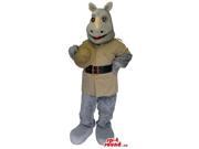 Grey Rhinoceros Canadian SpotSound Mascot Dressed In Safari Beige Gear And A Hat