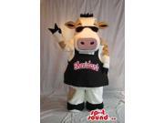 Cow Plush Canadian SpotSound Mascot Dressed In Sunglasses And An Apron With Brand Name