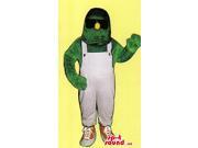 Green Monster Canadian SpotSound Mascot With A Yellow Nose And Overalls