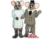 Grey Mice Couple Boy And Girl Canadian SpotSound Mascots Dressed In Elegant Clothing