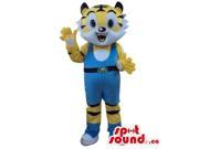 Cute Yellow Tiger Plush Canadian SpotSound Mascot Dressed In Blue Wrestling Gear