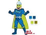 Drawing Of Green And Blue Super Hero Canadian SpotSound Mascot With A Bottle