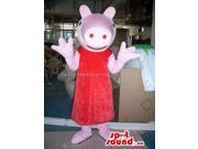 Customised Cute Pig Girl Canadian SpotSound Mascot Dressed In A Red Dress