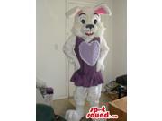 Cute Woolly White Rabbit Plush Canadian SpotSound Mascot Dressed In A Purple Dress