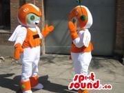 Orange And White Space Alien Couple Canadian SpotSound Mascots With Antennae