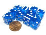 Set of 10 D6 Six Sided 12mm Transparent Dice Blue with White Pips