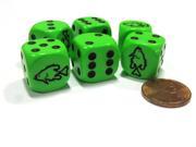 Set of 6 Fish 16mm D6 Round Edged Koplow Animal Dice Green with Black Pips