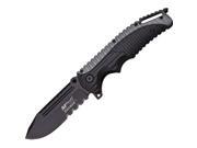 Linerlock Assisted Open Gray Black 3 3 4 Serrated Assisted Opening Blade with Dual Thumb Studs