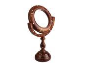 Mothers Day Gift Vintage Hand Carved Wooden Table Top Round Portable Makeup Face Mirror with Stand Height 12 inches Home Furniture Storage Decor