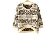 Foxnovo Fashion Autumn Totem Pattern Round Neck Arc shaped Hem Loose Women s Pullover Knitted Sweater Free Size Beige