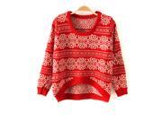 Foxnovo Fashion Autumn Totem Pattern Round Neck Arc shaped Hem Loose Women s Pullover Knitted Sweater Free Size Red
