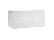 Foxnovo 013 12 USB AAA Powered Rectangle Shaped Voice Control Blue Light Digital LED Wooden Desk Alarm Clock with Date Temperature White