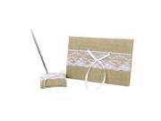 Foxnovo Jute White Lace Adorned Guestbook with Pen Pen Stand for Wedding Reception