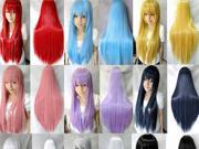 Foxnovo Women Girls 80CM Long Straight Synthetic Fiber Wig with Bangs for Anime Cosplay Black