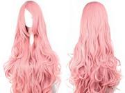 Foxnovo Women Girls 80CM Long Wavy Synthetic Fiber Wig with Bangs for Anime Cosplay Pink