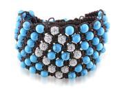 Cubic Zirconia and Turquoise Bead Shamballa Brown Cotton Cord Cuff Bracelet