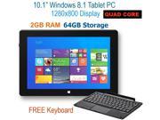 10.1 Windows Tablet w Detachable Keyboard Windows 8.1 Intel ATOM Quad Core 2GB RAM 64GB HD IPS Display 1280x800 5.0MP Camera Bluetooth 4.0 HDMI 2 in 1