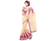 Triveni Affluent Beige Colored Embroidered Net Silk Saree