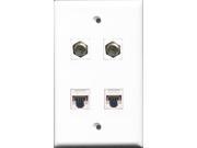 RiteAV 2 Port Coax Cable TV F Type 2 Port Cat5e Ethernet White Wall Plate