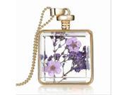 TinkSky Women Transparent Dried Plant Flower Specimens Rectangle Shaped Necklace Pendant Purple Golden