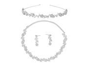TinkSky Bridal Wedding Rhinestone Decorated Floral Jewelry Set Tiara Necklace Earrings Silver