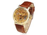 TinkSky Men Skeleton Round Dial Automatic Mechanical Wrist Watch with PU Band Golden Brown