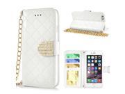 Luxury Bing Golden Metal Strip Rhinestone Stand Case Leather Cover Wallet For iPhone 6 4.7 inch White