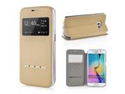 Delicate Metal Slide Touch Stand Leather Case with Window View for Samsung Galaxy S6 Edge Gold