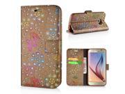 Luxury Diamond Glitter Bling Roses PU Leather Flip Wallet Stand Case With Card Slots For Samsung Galaxy S6 G920 Brown