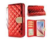 Luxury Sheepskin Rhinestone Magnetic Stand Leather Wallet Case with a Strap for Samsung Galaxy S6 G920 Red